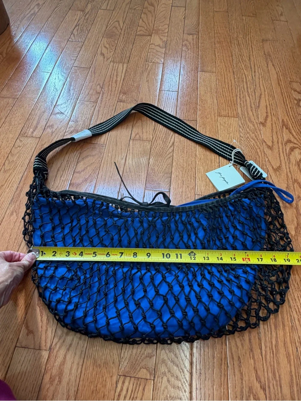 NWT new free people silver springs sling bag black netting netted blue